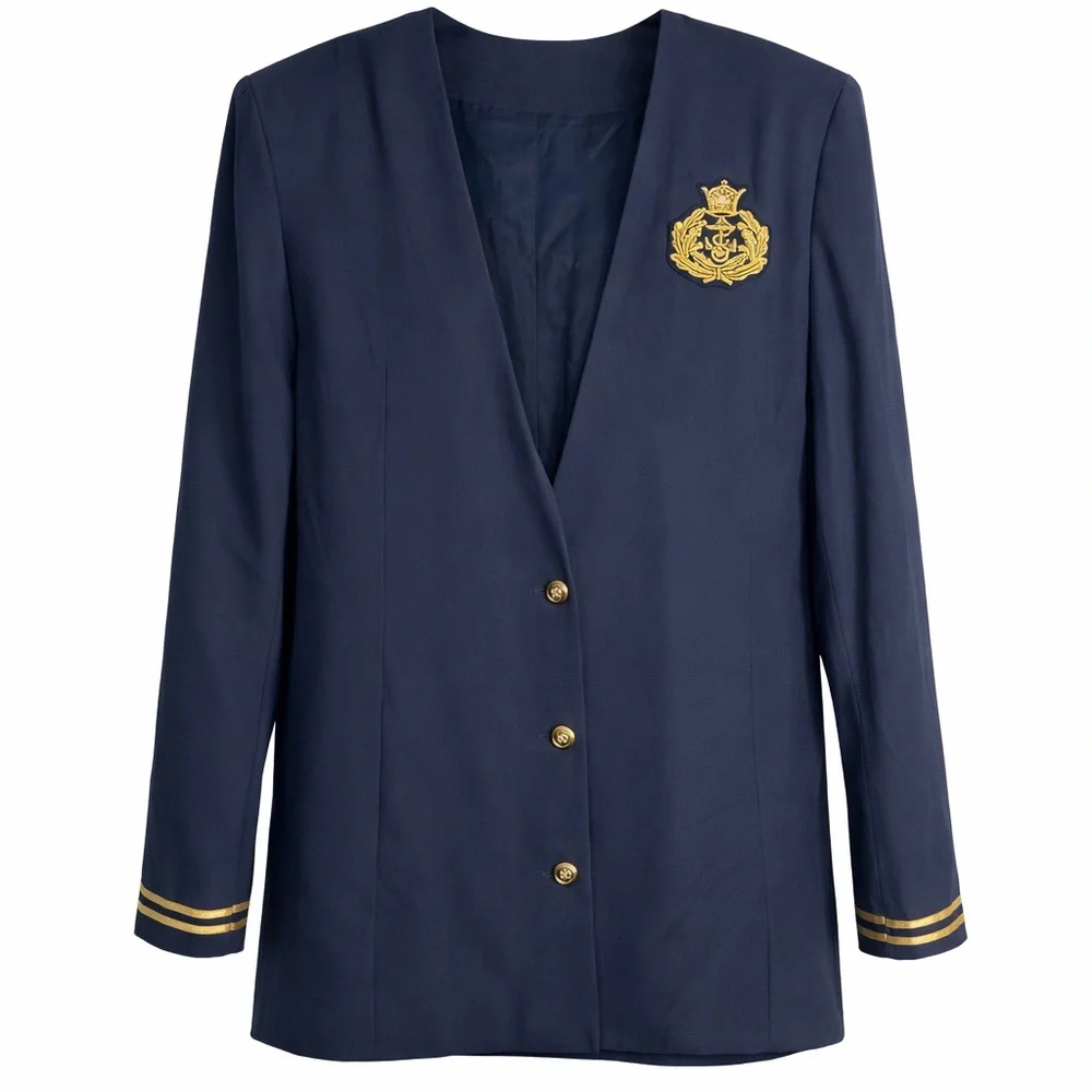Vintage Worthington Navy Blazer with Gold Crest | 1980s Padded Shoulder Size 12 - Picture 4 of 4